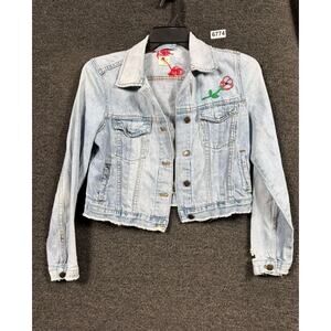 Gap 1969 Denim Jacket Womens Small Light Wash Cropped Raw Hem Rose Embroidered
